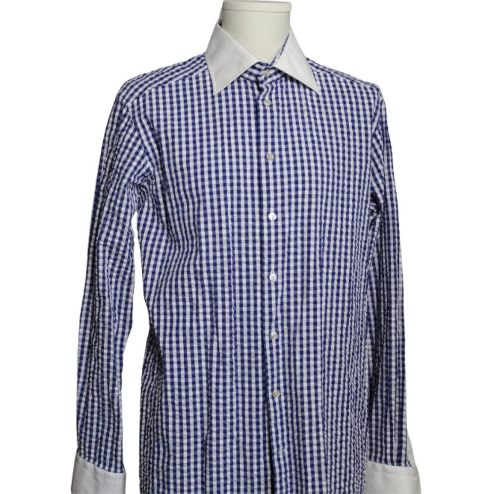 ETON SZ 16.5 Blue & White Gingham Men's Long Sleeve Button Up Shirt